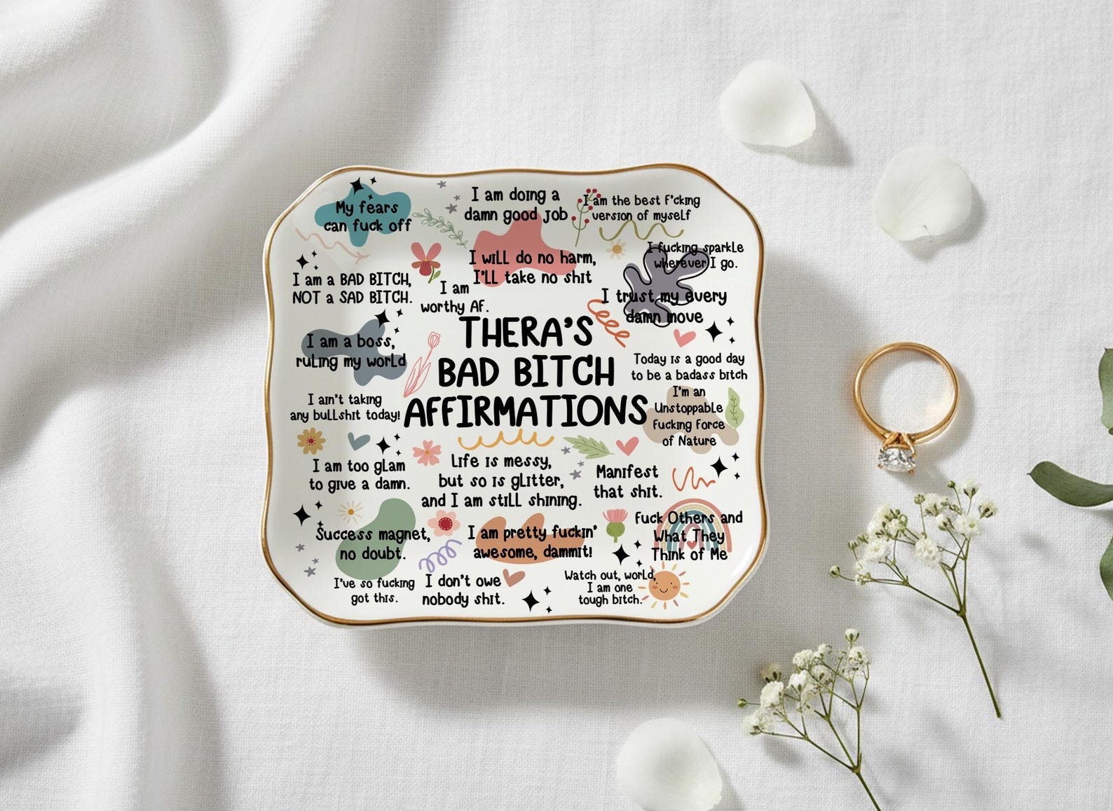 Personalized Swear Affirmations Ring Dish, Funny Birthday Gift for Friends Besties Coworkers, Custom Name Jewelry Tray - Image 2