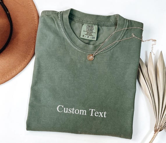 Custom Text Comfort Colors® Embroidered Shirt, Personalized Embroidered Minimalistic Your Text Tee, Personalized Varsity Embroidery Outfit