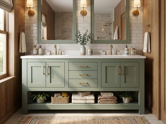 Bryce Haven Double Sink Vanity – Custom Solid Wood Bathroom Cabinet, Handmade Hardwood Vanity, Choose Size & Paint, Free Shipping
