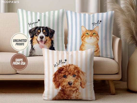 Custom Striped Pet Pillow Using Pet Photo + Name Custom Cat Dog Pillow Personalized Cat Cases Cat Picture Pillow Pet Picture Cushion