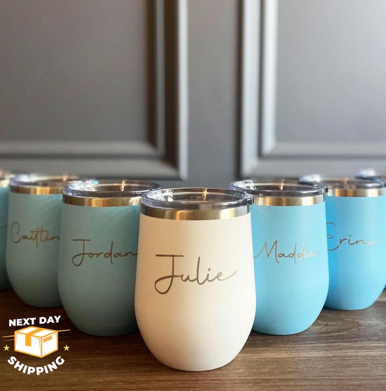 Custom Laser Engraved 12 oz Wine Tumbler, Stainless Steel Wine Tumbler, Vacuum Insulated Stemless Cup, Custom Logo, Bridesmaid Gift