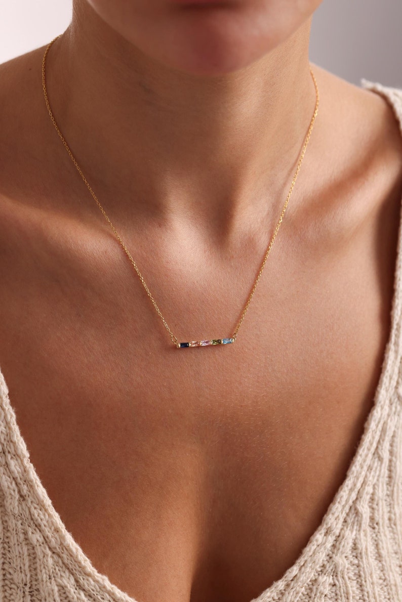 Baguette Birthstone Necklace, Family Birthstone Necklace, Personalized Gift, Mother's Birthstone Jewelry ,Gift for Mom,Birthday Gift - Image 4