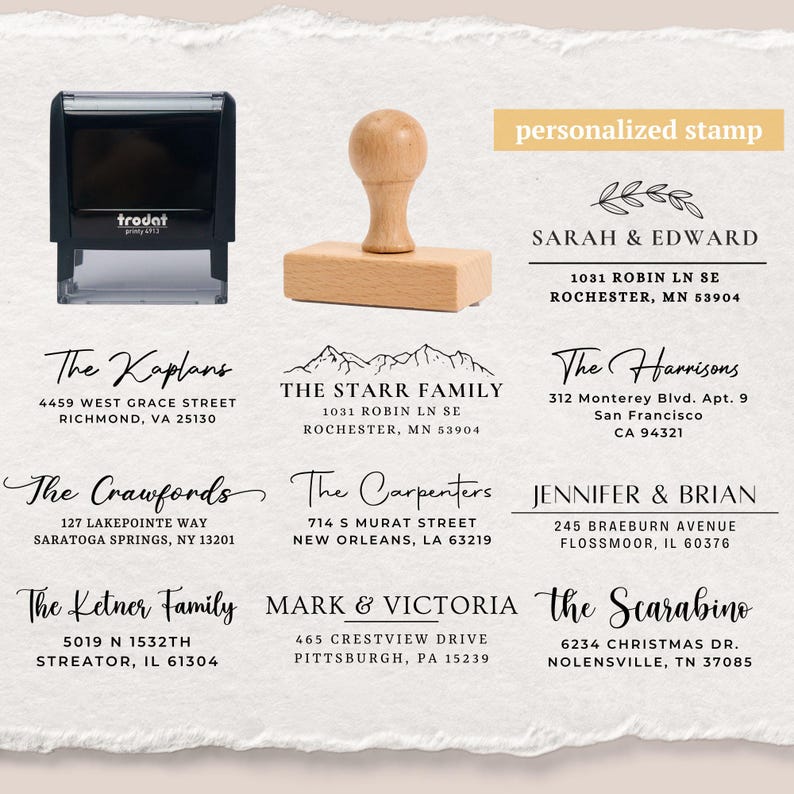 Personalised Return Address Stamp – Self-Inking, Wood Handle & Embosser for Cards and Wedding
