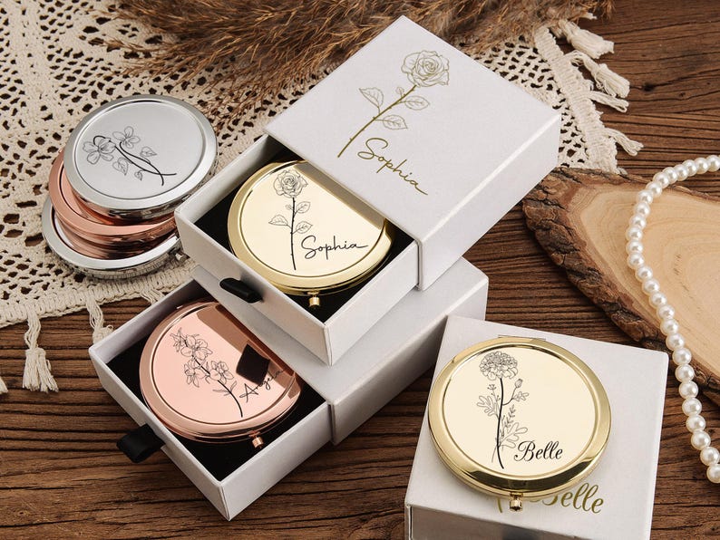 Personalized Makeup Mirror with Name,Custom Bridesmaid Gifts,Engraved Pocket Mirror,Wedding Gifts,Birthday Keepsake Gifts,Bridal Party Gift