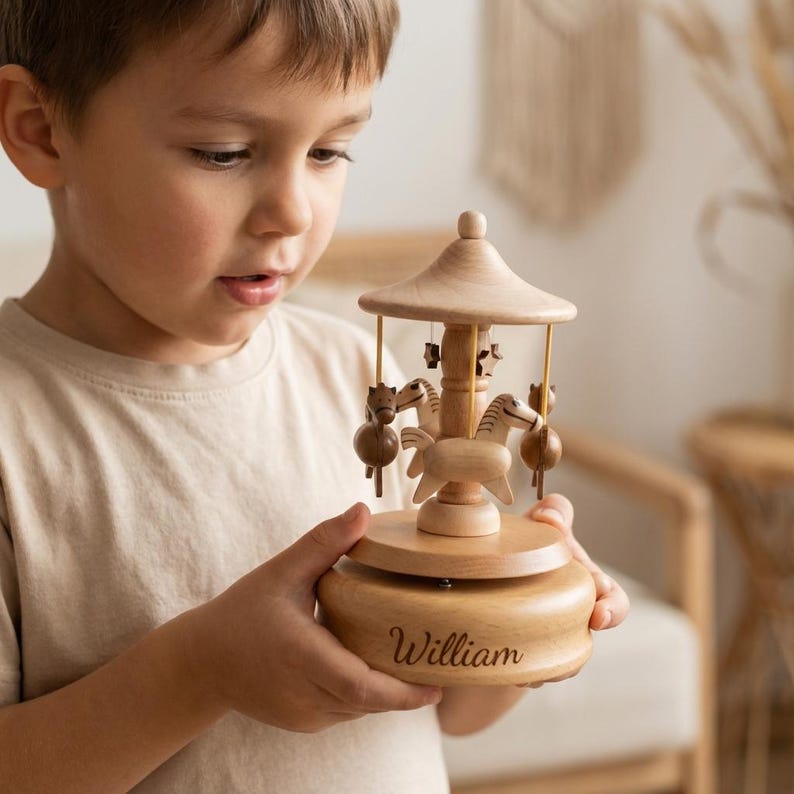 Personalized Wooden Music Box, Musical Wooden Ballerina Carousel, Baby Shower Gift, Birthday Gift for Kids, Newborn Baby Keepsake - Image 2