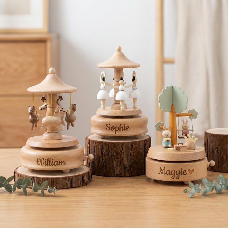 Personalized Wooden Music Box, Musical Wooden Ballerina Carousel, Baby Shower Gift, Birthday Gift for Kids, Newborn Baby Keepsake - Image 3