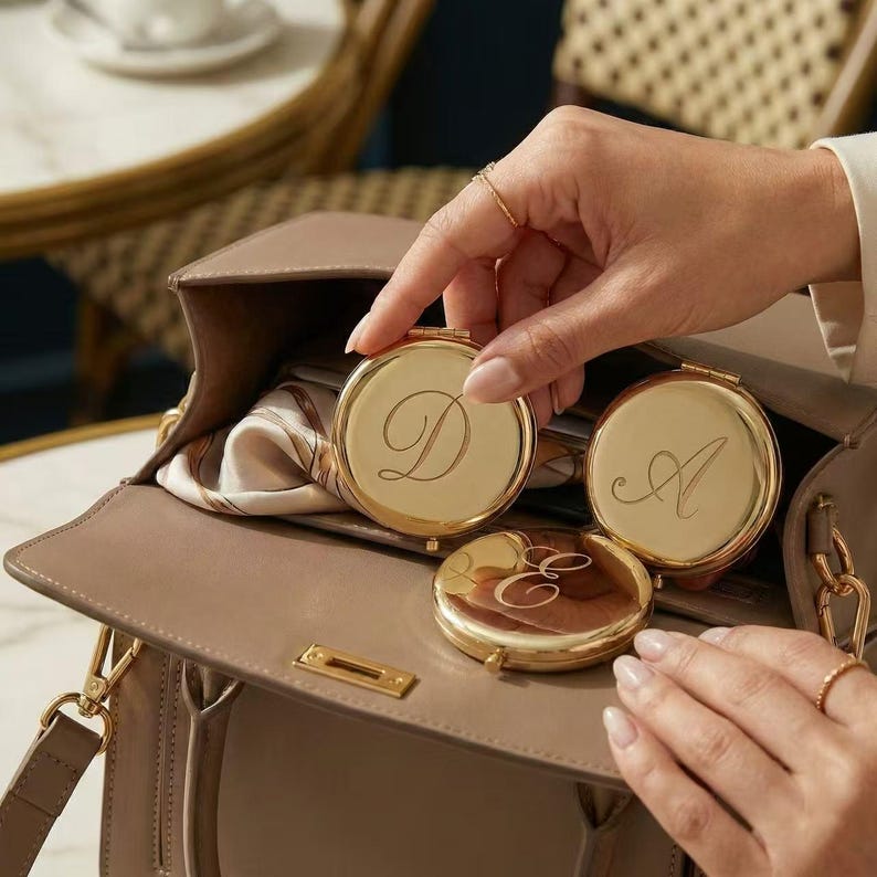 Personalized Compact Mirror with Name,Custom Engraved Gold Pocket Makeup Mirror,Bridesmaid Proposal Gifts,Wedding Party Favors - Image 3