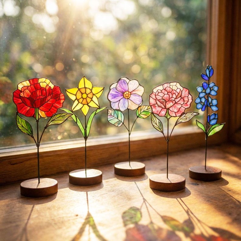 Stained Glass Birth Flower Bouquet Suncatcher, Engraved Wood Stand, Mother's Day Gift - Image 3