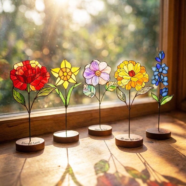 Stained Glass Birth Flower Bouquet Suncatcher, Engraved Wood Stand, Mother's Day Gift - Image 5
