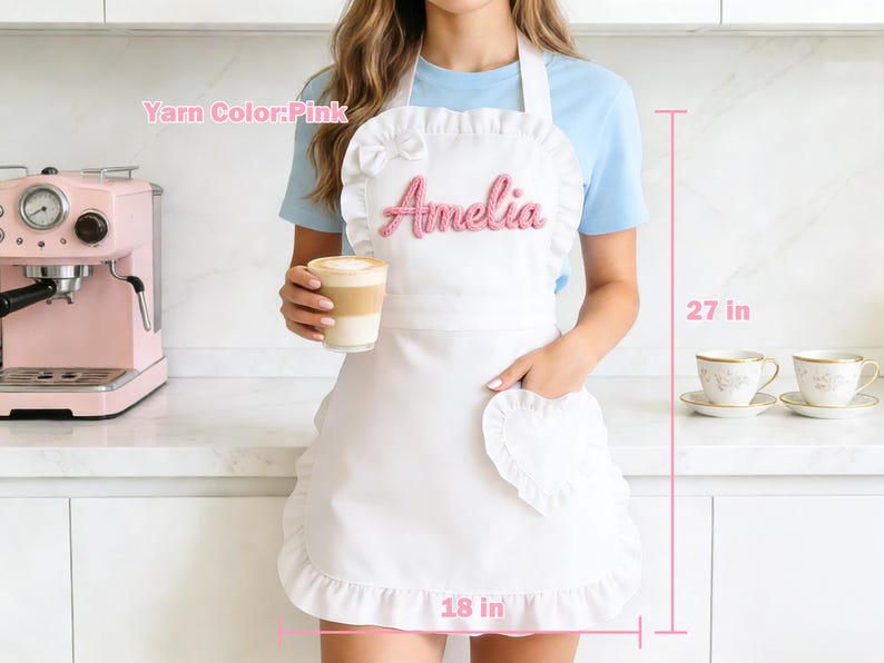 Custom Name Pink Apron : Ruffled Heart Pocket, Baking Lover Gift, Mother's Day - Image 2
