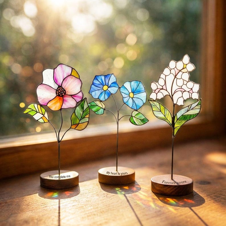 Stained Glass Birth Flower Bouquet Suncatcher, Engraved Wood Stand, Mother's Day Gift - Image 6