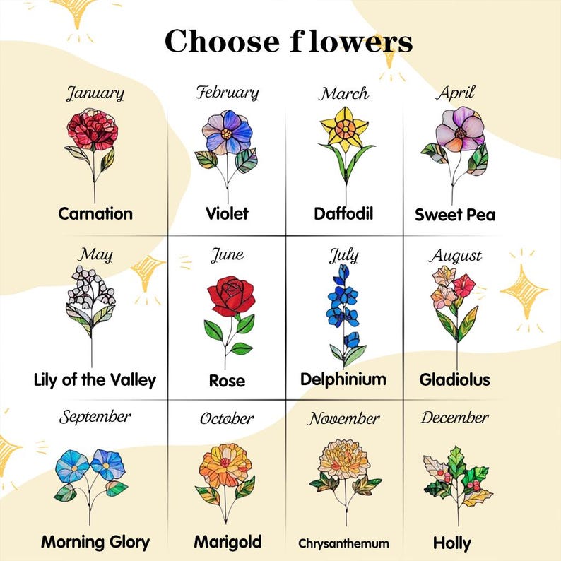 Stained Glass Birth Flower Bouquet Suncatcher, Engraved Wood Stand, Mother's Day Gift - Image 2