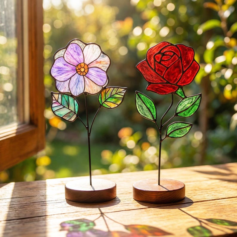Stained Glass Birth Flower Bouquet Suncatcher, Engraved Wood Stand, Mother's Day Gift - Image 4
