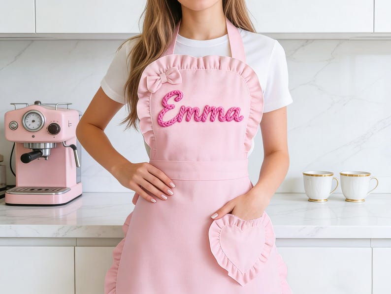 Custom Name Pink Apron : Ruffled Heart Pocket, Baking Lover Gift, Mother's Day - Image 6