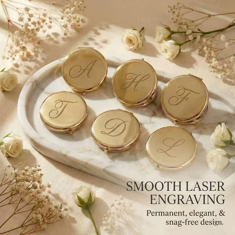 Personalized Compact Mirror with Name,Custom Engraved Gold Pocket Makeup Mirror,Bridesmaid Proposal Gifts,Wedding Party Favors - Image 2