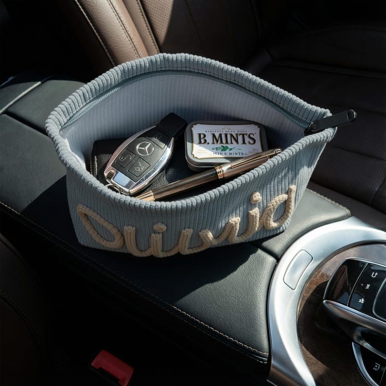 Personalized Car Console Organizer, Custom Emergency Kit Pouch, New Driver Gift, Chunky Yarn Corduroy Commuter Bag, Aesthetic Car Accessory
