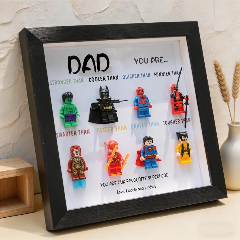 Custom Superhero Minifigure Frame, Personalized Dad Grandpa Gift, Black White Shadow Box - Image 2