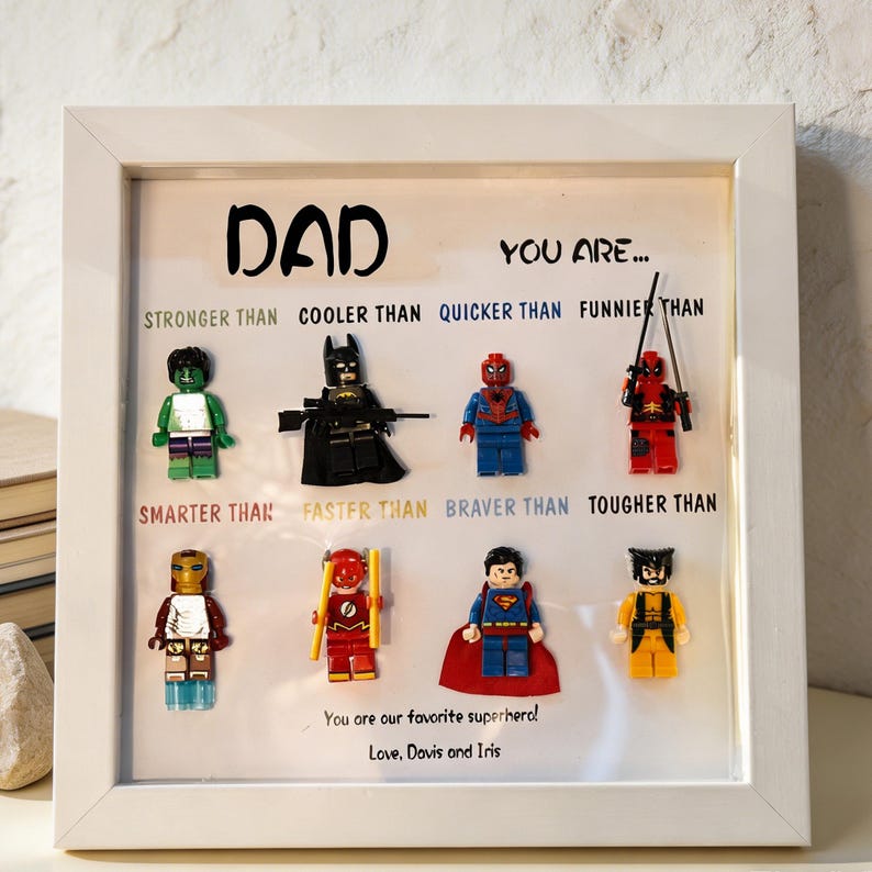 Custom Superhero Minifigure Frame, Personalized Dad Grandpa Gift, Black White Shadow Box - Image 6