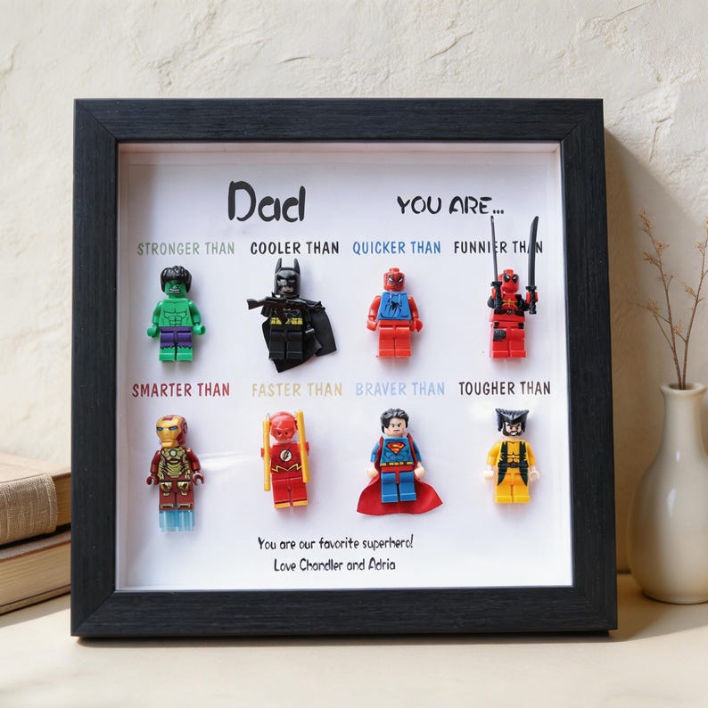 Custom Superhero Minifigure Frame, Personalized Dad Grandpa Gift, Black White Shadow Box - Image 5