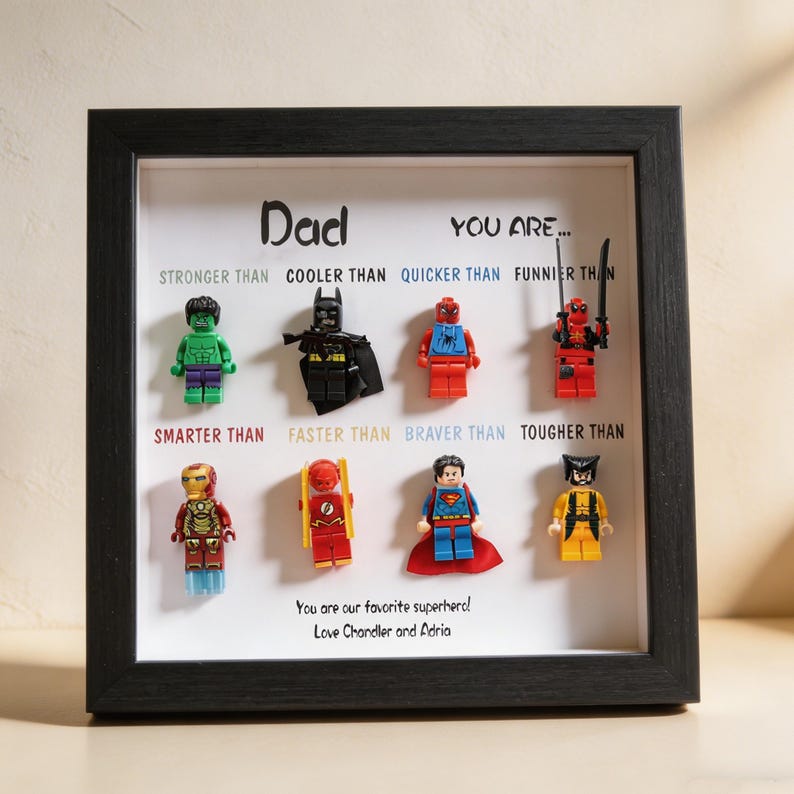 Custom Superhero Minifigure Frame, Personalized Dad Grandpa Gift, Black White Shadow Box - Image 4