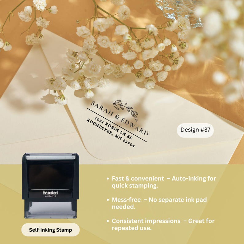 Personalised Return Address Stamp – Self-Inking, Wood Handle & Embosser for Cards and Wedding - Image 2