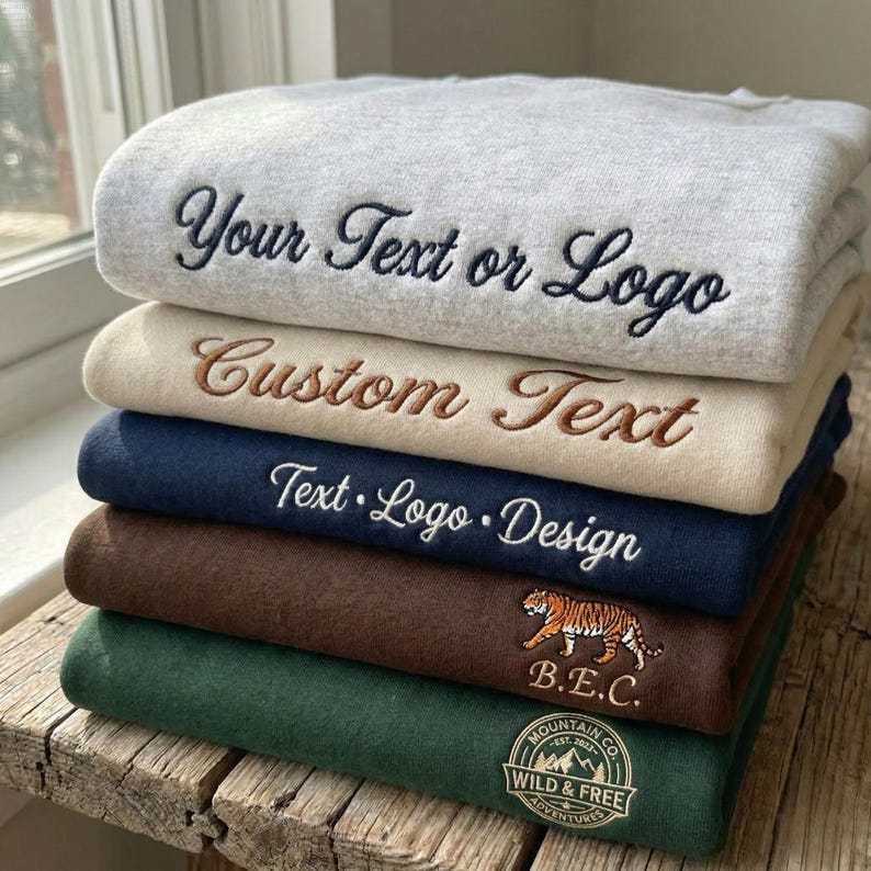 Custom Embroidered Hoodie, Sweatshirt & T-Shirt – Personalized Name, Date, Logo, Minimal Gift