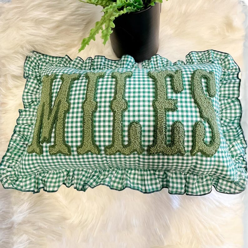 Gingham Ruffle Monogram Pillow, Personalized Name Cushion, Soft Bedroom Decor Gift - Image 5