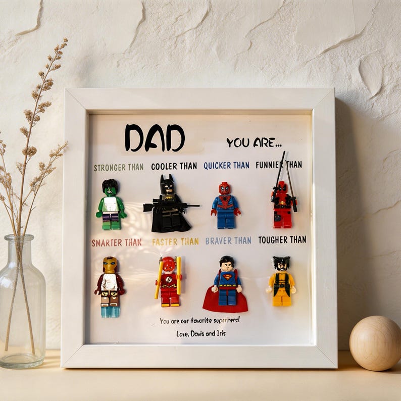 Custom Superhero Minifigure Frame, Personalized Dad Grandpa Gift, Black White Shadow Box - Image 3