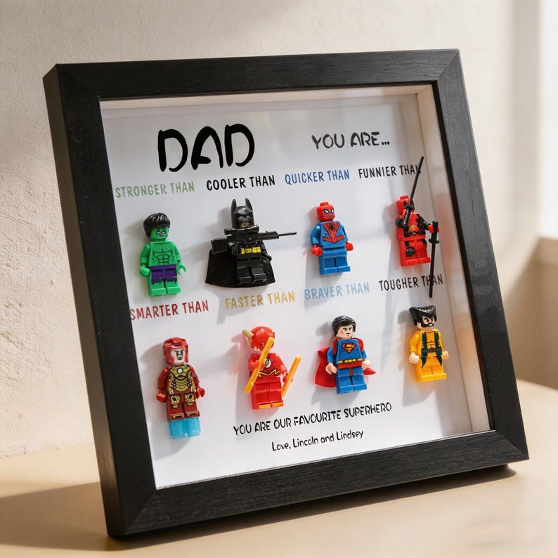 Custom Superhero Minifigure Frame, Personalized Dad Grandpa Gift, Black White Shadow Box