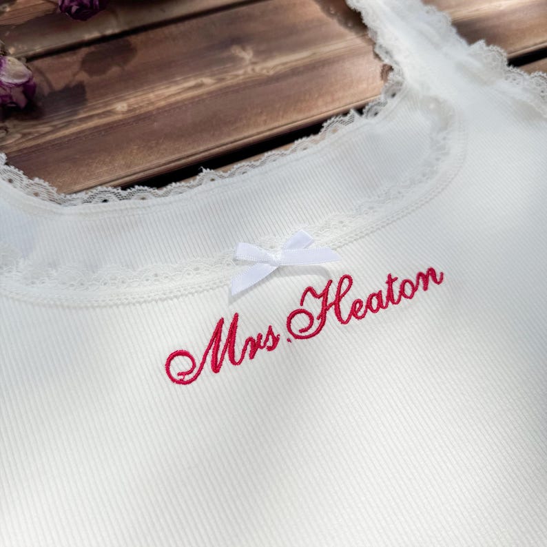 Personalized Embroidered Lace Tank Top, Custom Embroidery Modal Tank Bridal Shower Gift, Engagement Gift Bachelorette Party,New Mrs. Tank - Image 3