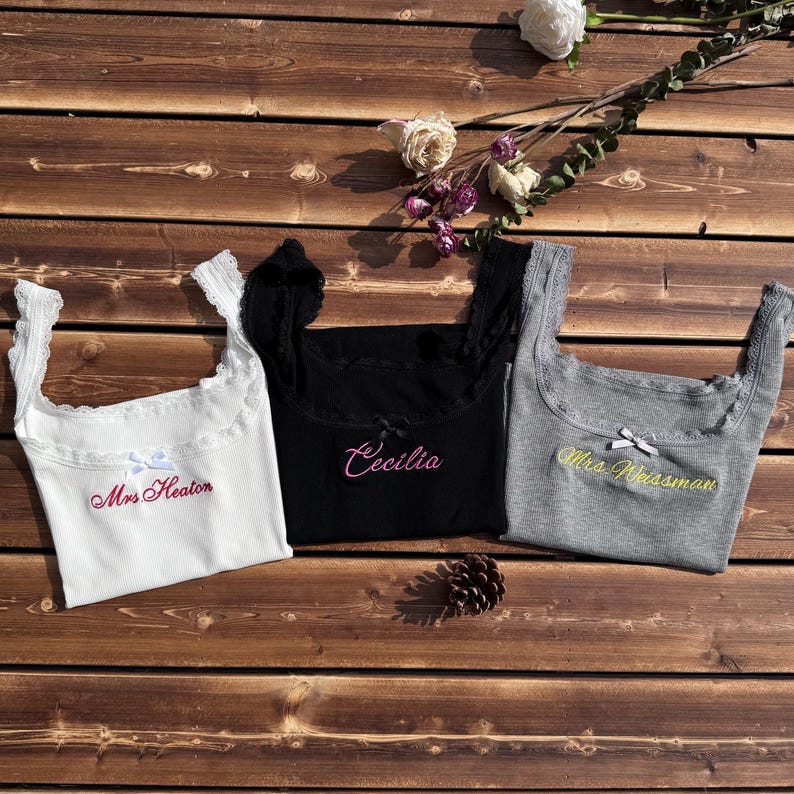 Personalized Embroidered Lace Tank Top, Custom Embroidery Modal Tank Bridal Shower Gift, Engagement Gift Bachelorette Party,New Mrs. Tank - Image 5