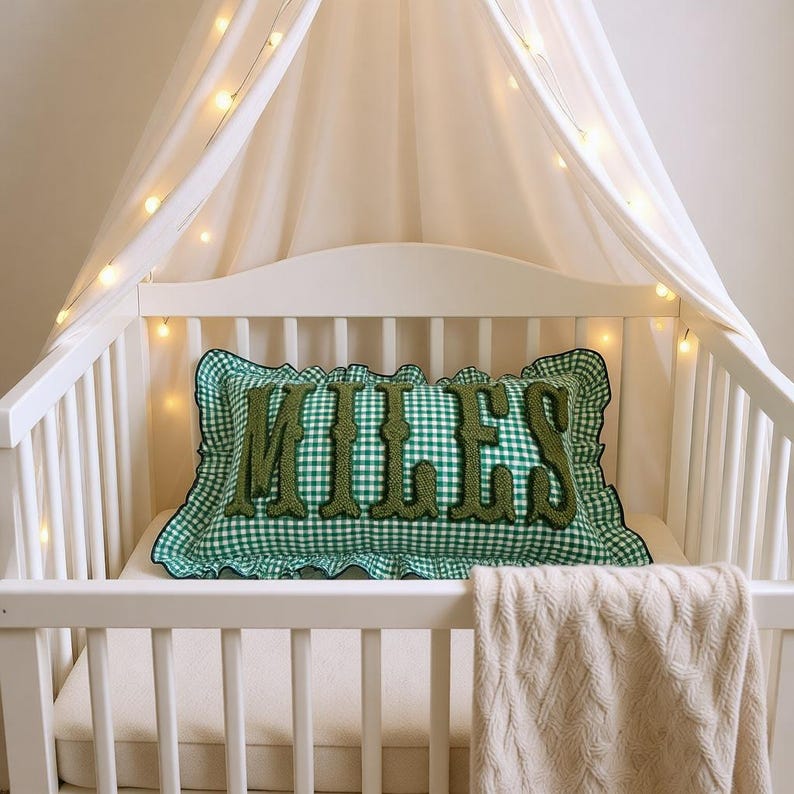 Gingham Ruffle Monogram Pillow, Personalized Name Cushion, Soft Bedroom Decor Gift - Image 6