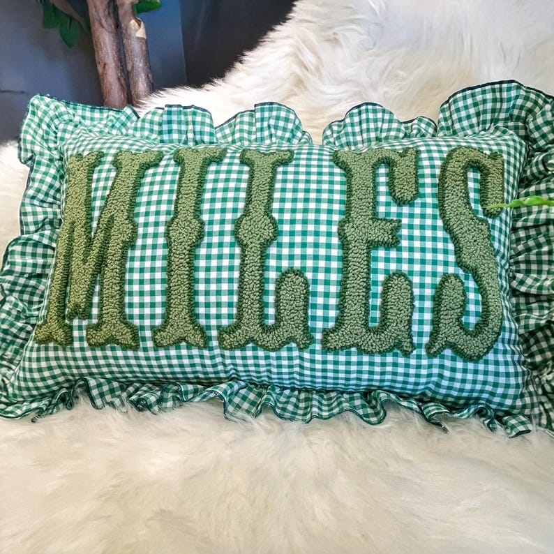 Gingham Ruffle Monogram Pillow, Personalized Name Cushion, Soft Bedroom Decor Gift - Image 2