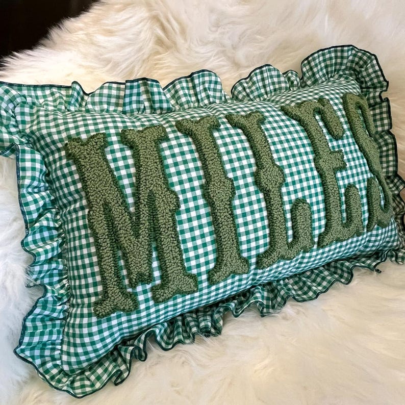 Gingham Ruffle Monogram Pillow, Personalized Name Cushion, Soft Bedroom Decor Gift - Image 3