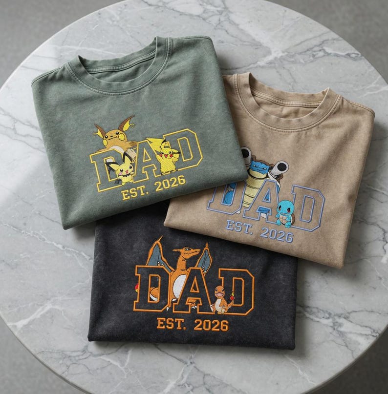 PokaDaD Embroidered Washed Shirt, Custom Anime, First Father's Day Gift for Dad