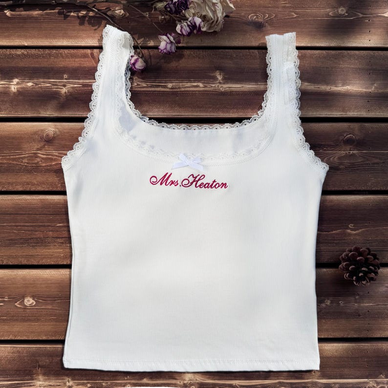 Personalized Embroidered Lace Tank Top, Custom Embroidery Modal Tank Bridal Shower Gift, Engagement Gift Bachelorette Party,New Mrs. Tank - Image 2