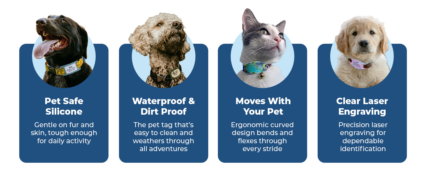 Pet safe silicone, waterproof and dirt proof, flexible silicone, clear laser engraving