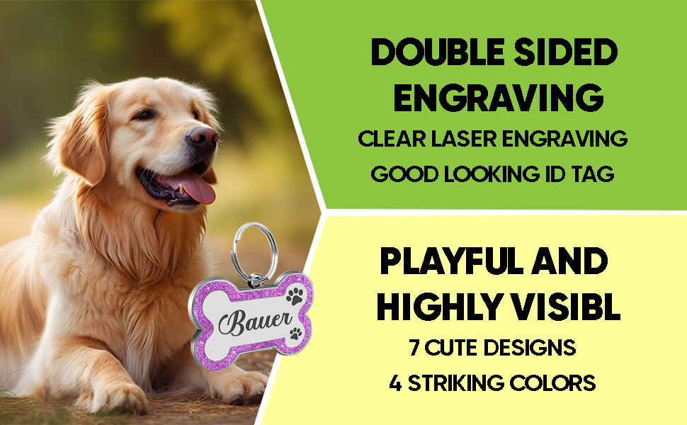 Dog ID tag advertised as double-sided, clear laser engraved, with 7 designs and 4 colors. Golden retriever wearing purple bone-shaped tag.
