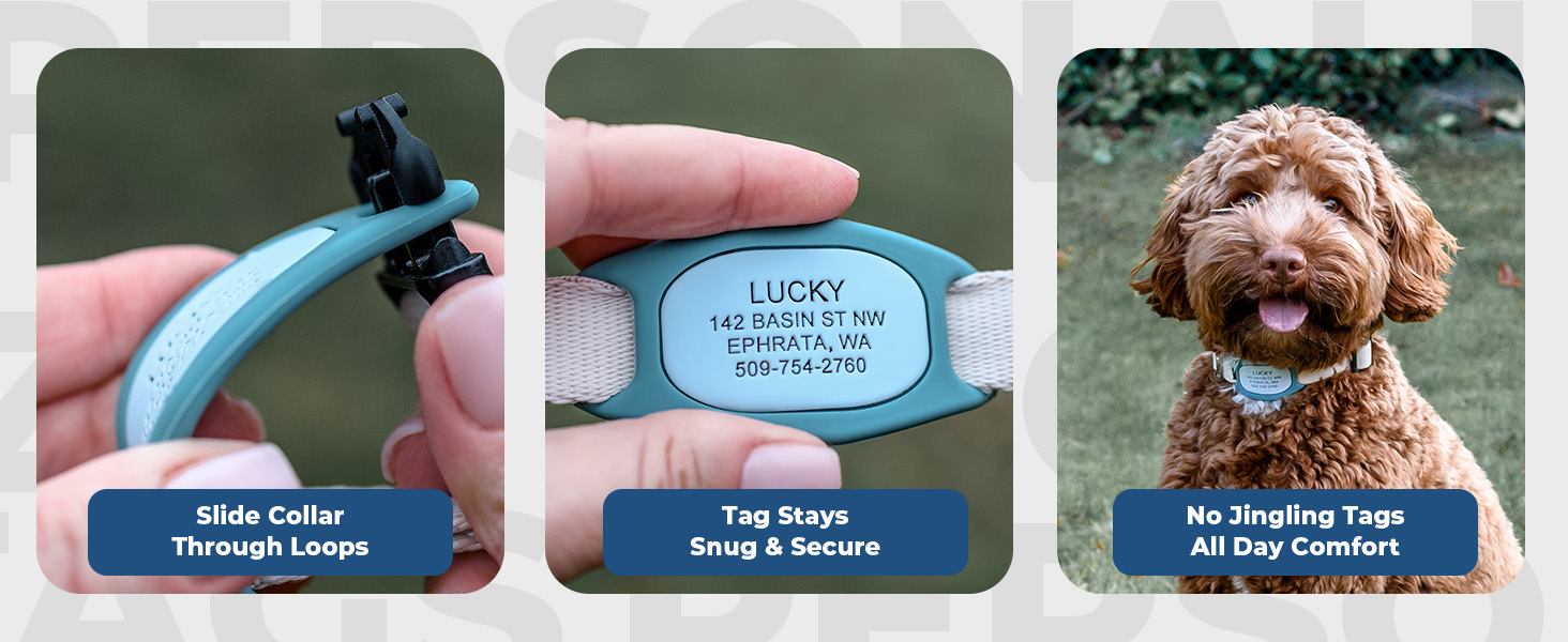 Person sliding dog collar through silicone slider loops with ease